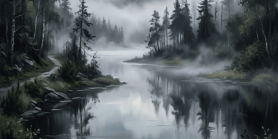 Misty forest lake surrounded by evergreen trees and rocky shores