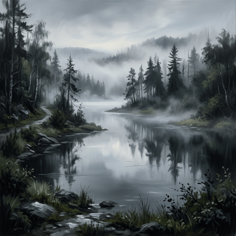 Misty forest lake surrounded by evergreen trees and rocky shores