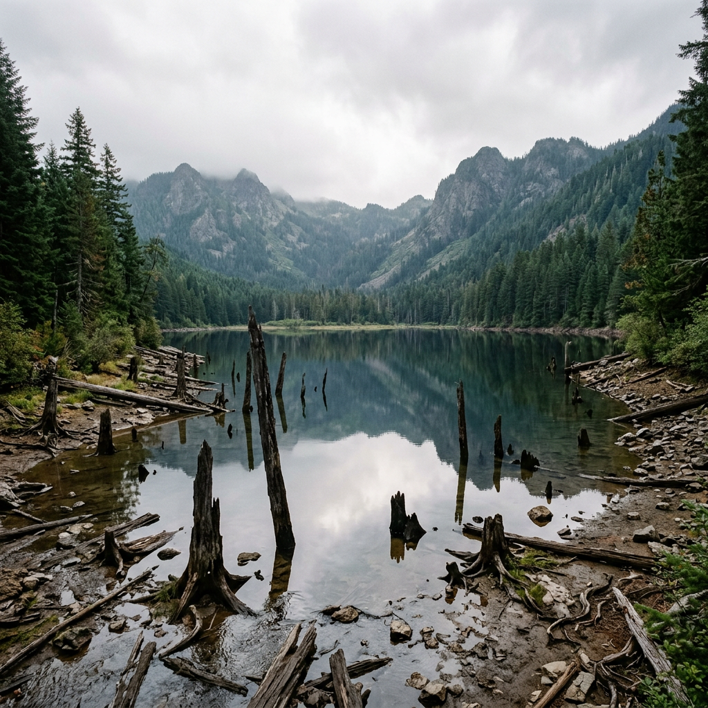Realistic Gumboot Lake with exposed shoreline