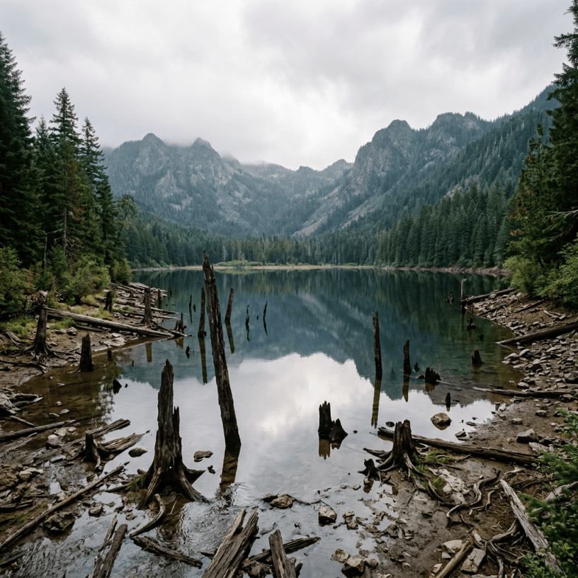 Realistic Gumboot Lake with exposed shoreline