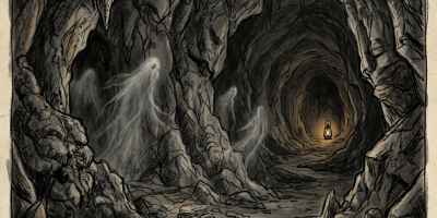 Two ghostly figures haunt a rocky cave leading to a glowing lantern