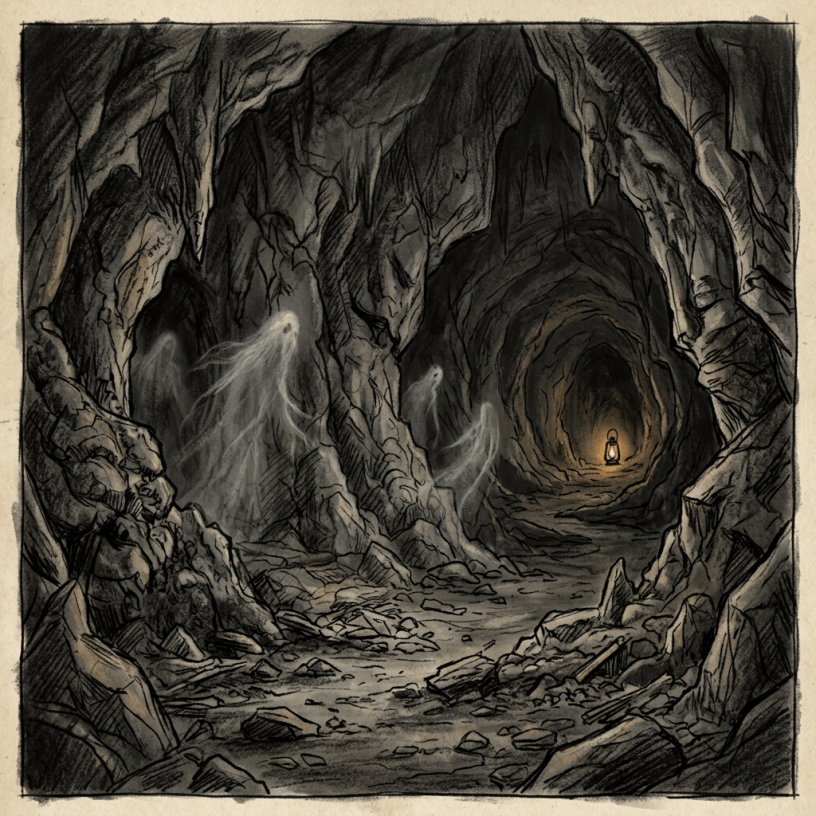 Two ghostly figures haunt a rocky cave leading to a glowing lantern