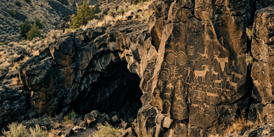 Petroglyphs carved into basalt beside a cave in a desert canyon