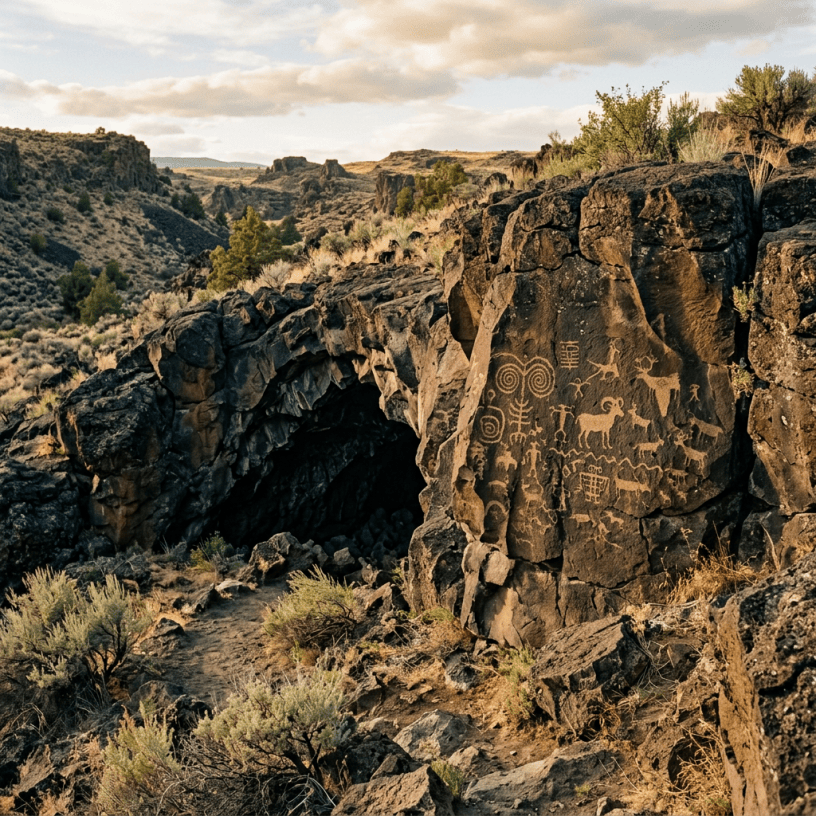 Petroglyphs carved into basalt beside a cave in a desert canyon