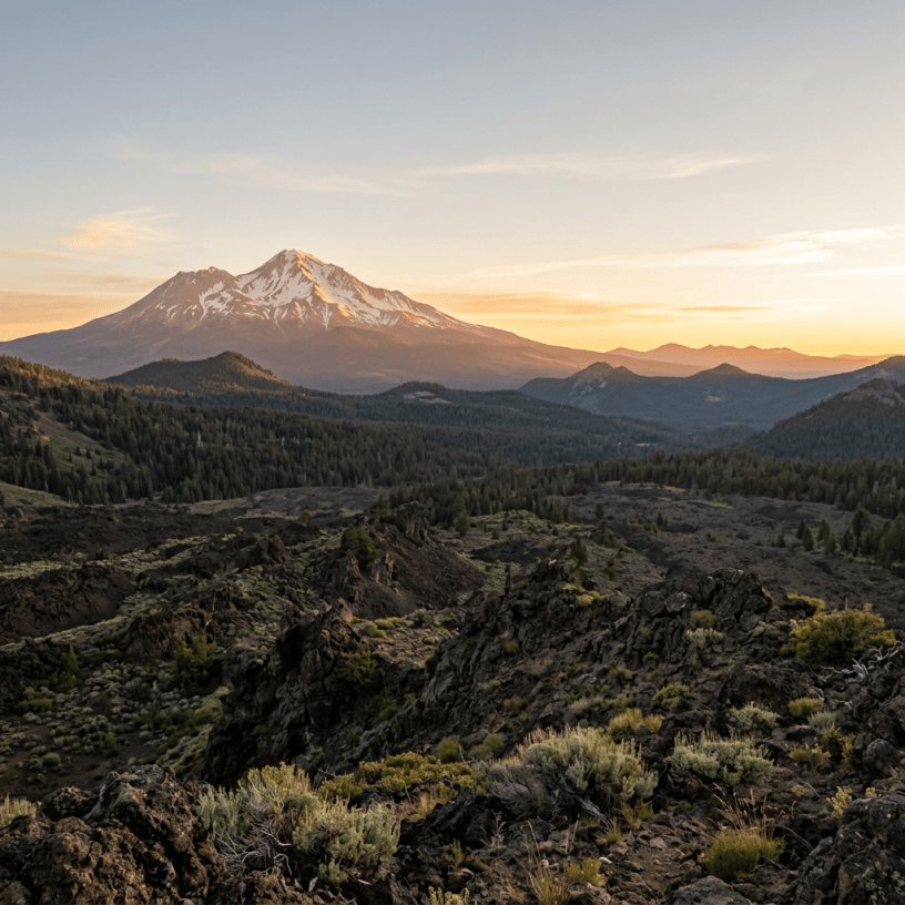 Snow-dusted mountain rising above forested ridges and rocky volcanic terrain
