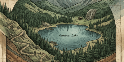 Illustrated map labeled “Gumboot Lake,” showing a mountain lake and surrounding forest.