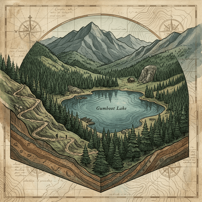 Illustrated map labeled “Gumboot Lake,” showing a mountain lake and surrounding forest.