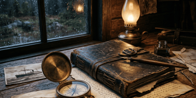 Weathered expedition journal, compass, photographs, and oil lamp beside rainy window
