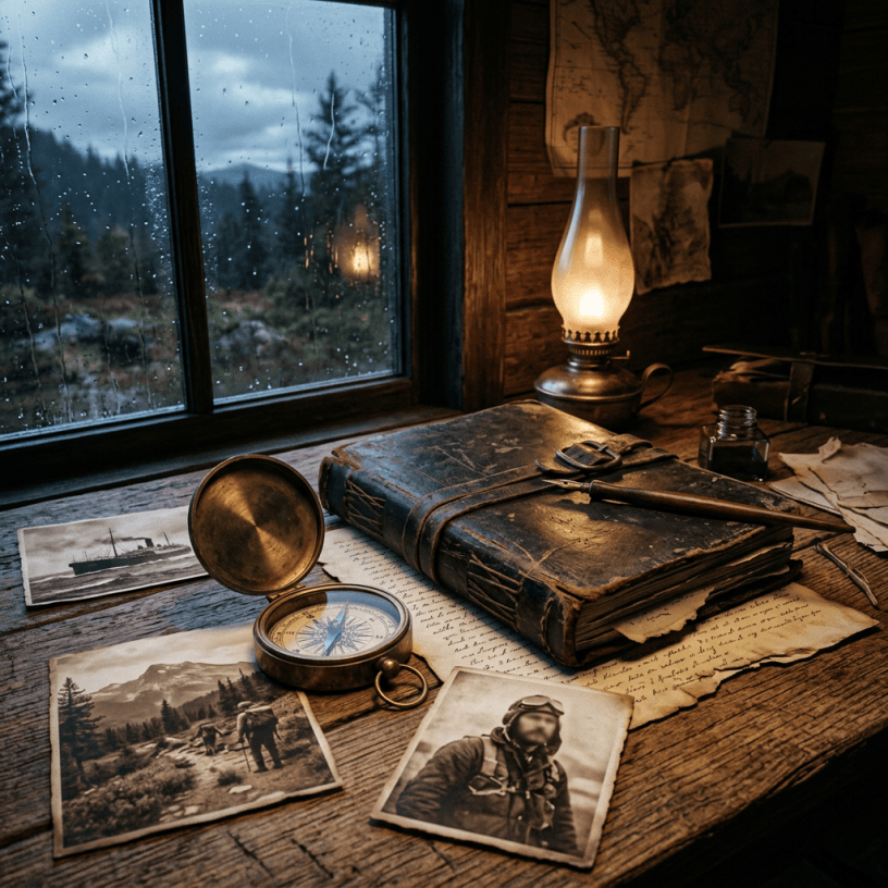 Weathered expedition journal, compass, photographs, and oil lamp beside rainy window